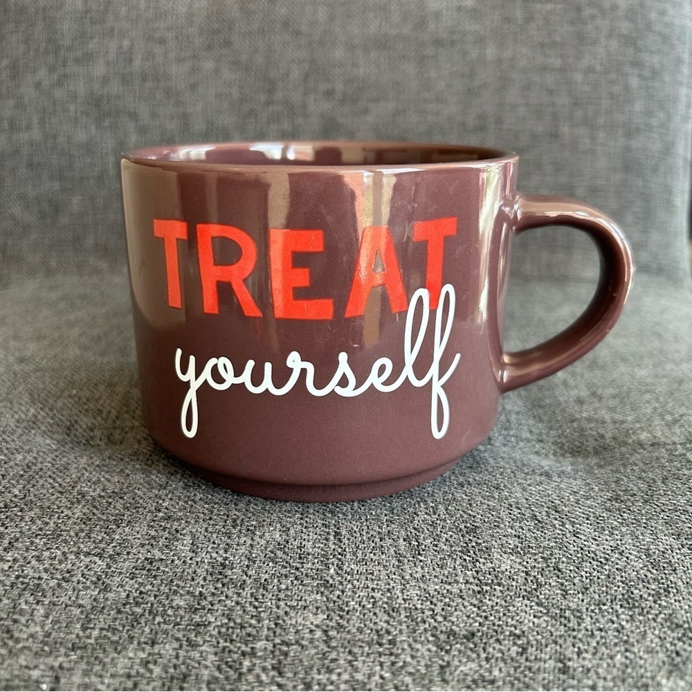 “TREAT YOURSELF” Wide Coffee / Soup Mug, Brown, Orange, White, 16 oz